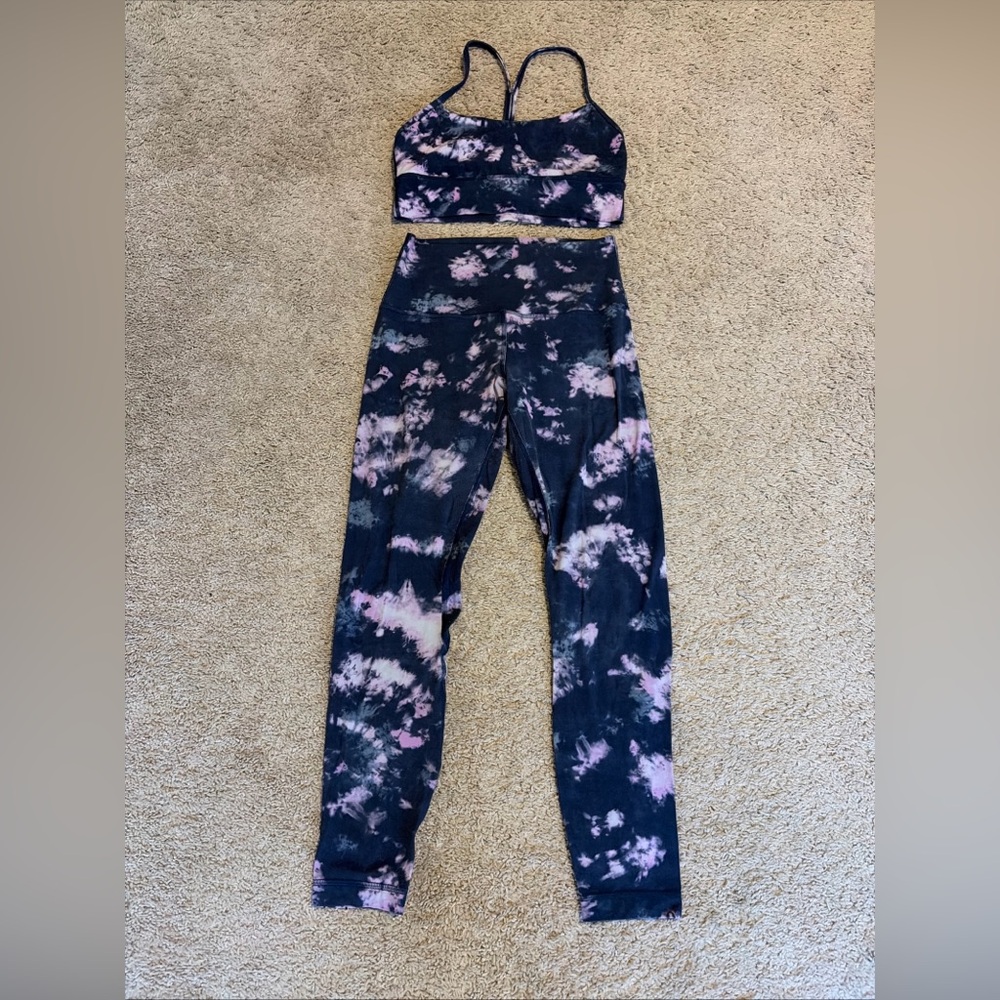 Lululemon Tie Dye Blue Purple Align 25” Leggings Flow Y Bra Set Size 6 8